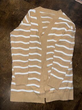Tan and White Striped Open-Front Cardigan
